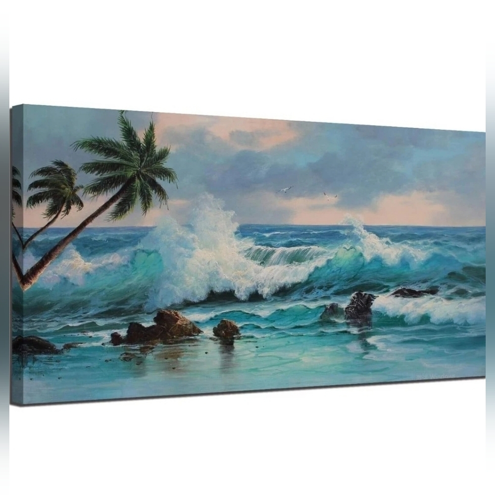 Panoramic Blue Ocean Sea Wave Canvas Wall Art Painting Palm Seascape 24x48
